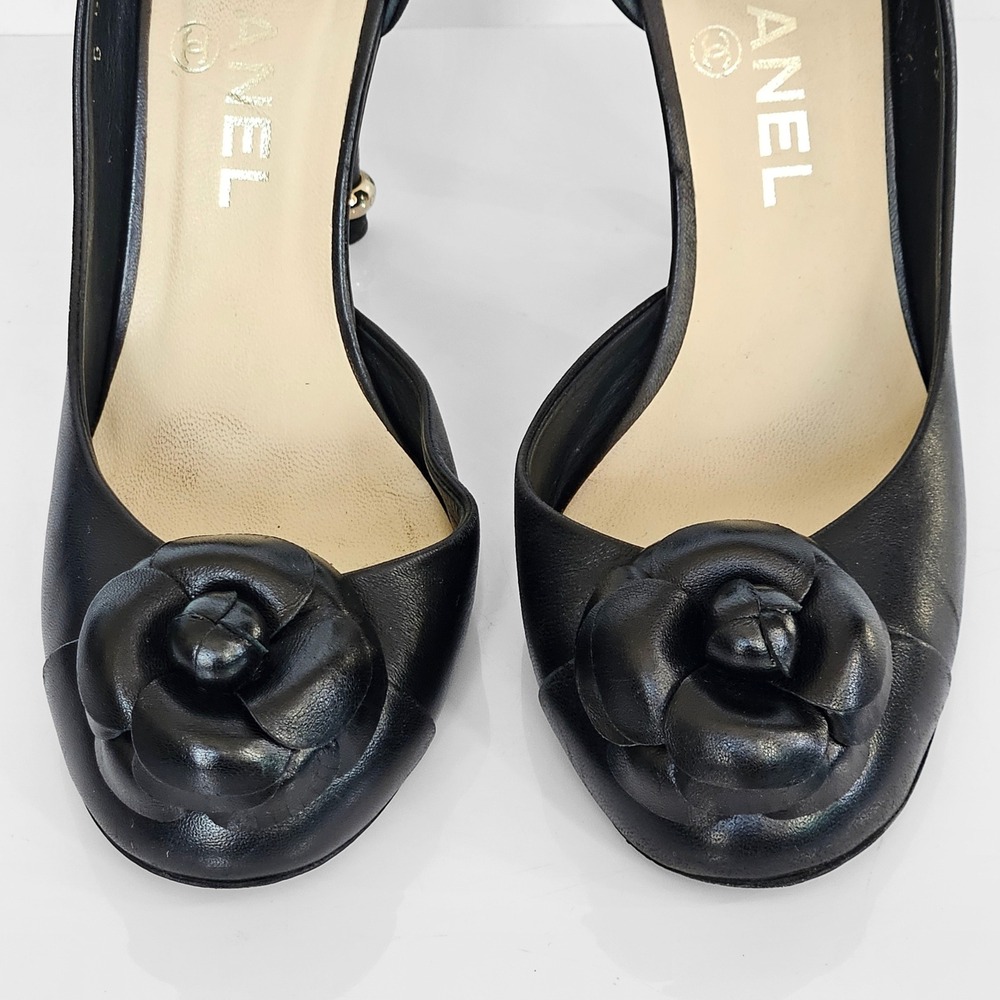 Chanel Black Leather Camellia Half-d'Orsay Pumps 3D Floral Size 37 - Picture 4 of 12